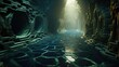 Clear water reveals a mesmerizing underwater labyrinth with winding tunnels, chambers, and intricate patterns. Sunlight creates a play of light and shadows, adding to the enchanting beauty