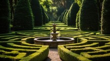 A captivating maze garden with intricate hedges, stone fountain, and winding paths. Explore the hidden twists and turns, solving puzzles along the way