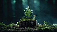 New Plants Growing On Top Of A Cut Log, Life Concept