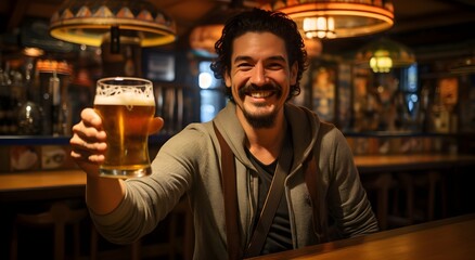 Wall Mural - man holding up a glass of beer at a pub