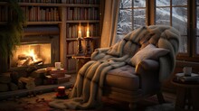 A Cozy Winter Reading Nook, Vintage Woven Fabric Over A Chair Or Sofa. A Handmade Knitted Blanket, A Pile Of Books, And A Warm Beverage Nearby. The Comfort And Homeliness Of The Scene.