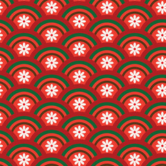 Wall Mural - Retro white flowers on red, brown, green rainbows seamless pattern. For Christmas backgrounds,  fabric and textile. 