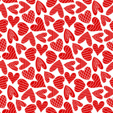 Beautiful Different Small Red Hearts Isolated On A White Background. Cute Monochrome Seamless Pattern. Vector Simple Flat Graphic Illustration. Texture.