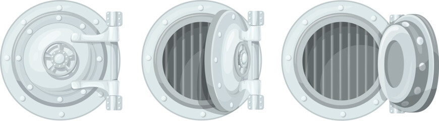 Opening vault door. Open and close bank gate, opened safe animation vaults door motion, metal round locker safety box money deposit or treasure protection, neat vector illustration