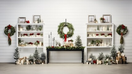 holiday-themed art and craft projects against an empty white wall. handmade decorations, wreaths, and festive artwork on a table. a vase with fresh fir branches to complement the seasonal theme.