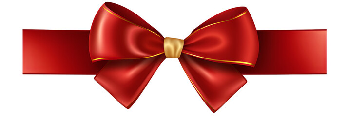 Wall Mural - Red satin golden ribbon and bow isolated on transparent background PNG