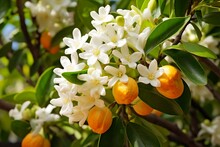Fragrant blossoms of neroli and citrus on an orange tree with white flowers and buds. Generative AI
