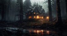 Illustration, A Haunted House With Light, And A Gloomy Forest