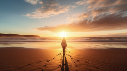 Wall Mural - Radiant Horizon concept, A person standing on a beach during sunrise, facing the new day