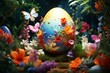 Easter egg surrounded by flowers - 3D rendered artwork. Generative AI