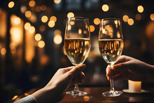 Close Up Photo Of Hand Hold A Glass Of Champagne, Copy Space Advertising Mock Up, Valentine's Day, Close Up Of People Toasting, Christmas 