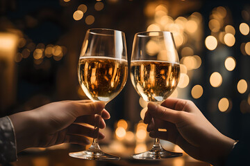 Wall Mural - Close up photo of hand hold a glass of champagne, Copy space advertising mock up, Valentine's Day, Close up of people toasting, Christmas 