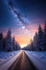 Wall Mural - road leading towards colorful sunrise between snow covered trees with epic milky way on the sky