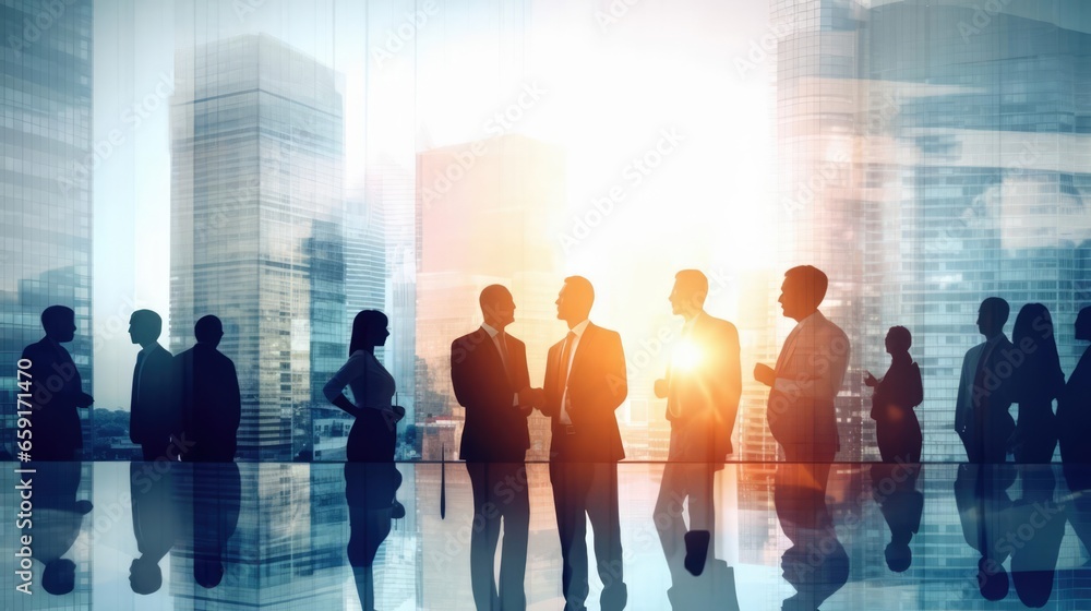 Double exposure image of many business people conference group meeting ...