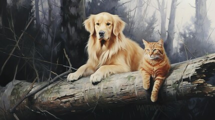 Wall Mural - British cat and Golden Retriever