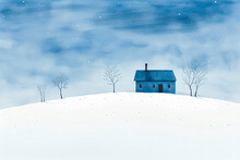 Generative AI Illustration Of Small House On Snowy Mountain Between Leafless Trees Against Blue Sky In Winter Day