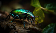 Generative AI Illustration Of Exotic Bright Emerald Green Fly Beetle Sitting On Rock Against Blurred Background In Nature