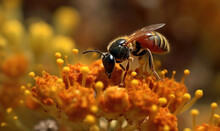 Generative AI Illustration Of Side View Of Small Bee Sitting On Blooming Orange Flower In Nature Against Blurred Background With Bright Sunlight And Collecting Pollen