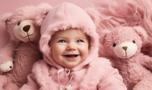 Generative AI Illustration Of High Angle Of Happy Baby Girl With Blue Eyes Looking Away While Laying On Bed Among Pink Teddy Bears