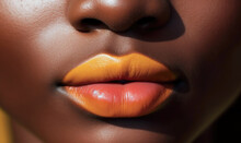 Generative AI Illustration Of Closeup Of Crop Anonymous Black Woman With Orange And Yellow Lipstick On Lips