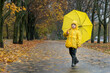 © somemeans - Lonely boy in yellow raincoat, rubber boots and with an yellow umbrella is walking in the autumn park. Falling leaves