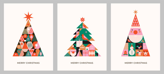 christmas trees in modern minimalist geometric style. story templates, posters, cards. colorful illu