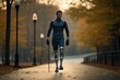 Person on prosthetic limbs, rehabilitation, body part replacement, artificial motion support, medical care, transplant, crutches, happy living, back on your feet again