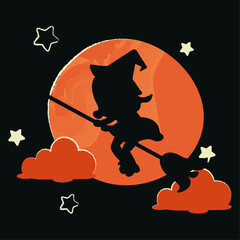 halloween card, poster, promotion with witch on a broom in the night sky and red fullmoon, with cloud and star, mystical vector art with styled 
torn outline