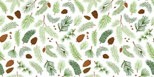 Fir And Pine Cone Vector Seamless Pattern, Branch Tree Tree And Cone, Evergreen Spruce, Christmas And New Year Background. Cartoon Xmas Decoration. Holiday Nature Illustration