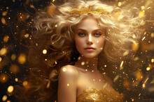 Young Woman Like Virgo Zodiac Sign In Golden Fairy Tale Confetti And Lights