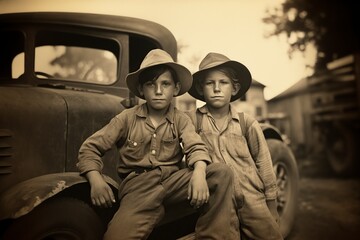 young men in cowboy hats leaning on a vintage car