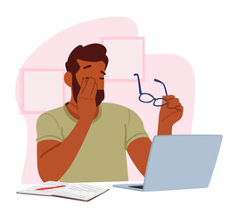 Man Character Sits At A Table, Holding Glasses In One Hand And Rubbing His Tired Eyes With The Other Vector Illustration