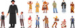 Set Of Male Characters Wear Historical Costumes. Jew, Caveman, Viking And African Warrior, Gladiator, Medieval Peasant