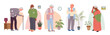 Chronic health problems and pain of elderly set vector illustration. Cartoon grandfather and grandmother suffering from chest and head, stomach and back ache, diagnosis for weak senior people