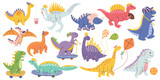 Fototapeta Dinusie - Adorable Dinosaur Characters, Playful, Colorful Children Designs, Featuring Friendly Vibrant Dinos In Various Poses