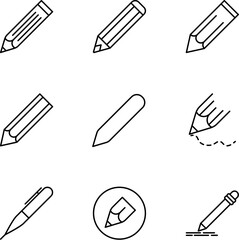 Wall Mural - Vector line icon set for design, apps, banners, web sites. Editable strokes. Outline symbols of various pencils and pens for study and working