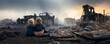 kids sitting in front of city burned destruction of an aftermath war conflict, earthquake or fire and smoke of political world war against children innocence concept as banner with copyspace