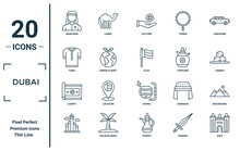 Dubai Linear Icon Set. Includes Thin Line Arab Man, Tunic, Carpet, , Gate, Flag, Mountains Icons For Report, Presentation, Diagram, Web Design