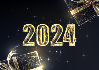 Wall Mural - Abstract gold 2024 Happy New Year digital web banner with holiday gift boxes on black background