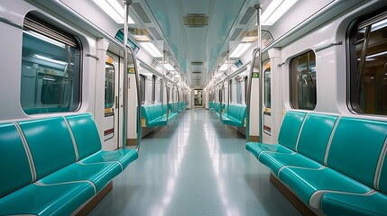 Interior of a subway car with seats. Generative AI