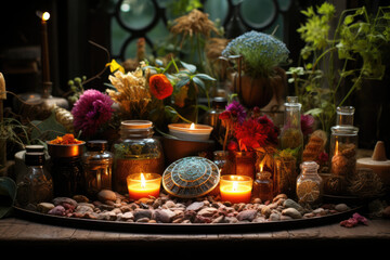 Canvas Print - A Wiccan altar adorned with symbols of the elements, illustrating the reverence for nature and the cycles of life. Concept of elemental spirituality. Generative Ai.