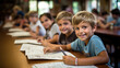 © DesignVectX - Two boys in a classroom, both with wide smiles, holding pencils and working on an assignment.
