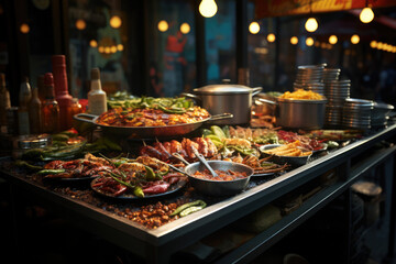 Canvas Print - A street vendor selling international street food in a diverse urban neighborhood, showcasing the influence of global cuisine on local businesses. Concept of culinary globalization. Generative Ai.