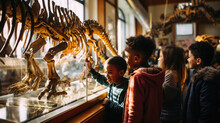 Generative AI, Children, Schoolchildren On An Excursion To The Prehistoric Museum Of Paleontology Looking At Dinosaur Skeletons, Fossils, Ancient Lizards, Education, Architecture, Boys, Girls