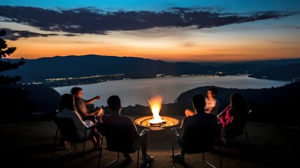 Wall Mural - Group of people sitting under trees, warming themselves by the fire.