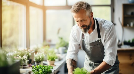 Middle-aged man caring for plants