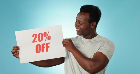 Sticker - Happy black man, billboard and sale for discount in advertising or marketing against a studio background. Portrait of African male person with sign for retail special, deal or store promotion