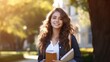 © pinkrabbit - Beautiful student woman with backpack and books outdoor. Smile girl happy carrying a lot of book in college campus. Portrait female on international University. Education, study, school