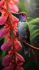 Poster - A colorful hummingbird resting on a branch surrounded by vibrant pink flowers