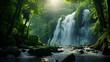 A majestic waterfall surrounded by lush greenery in a serene forest setting